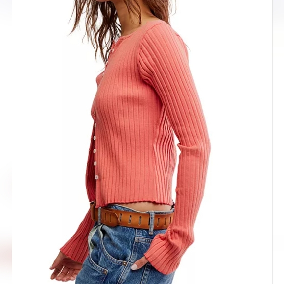 New Free People Tilly Long-Sleeve Cardi Blouse Top Knit Ribbed Buttondown - Picture 2 of 5